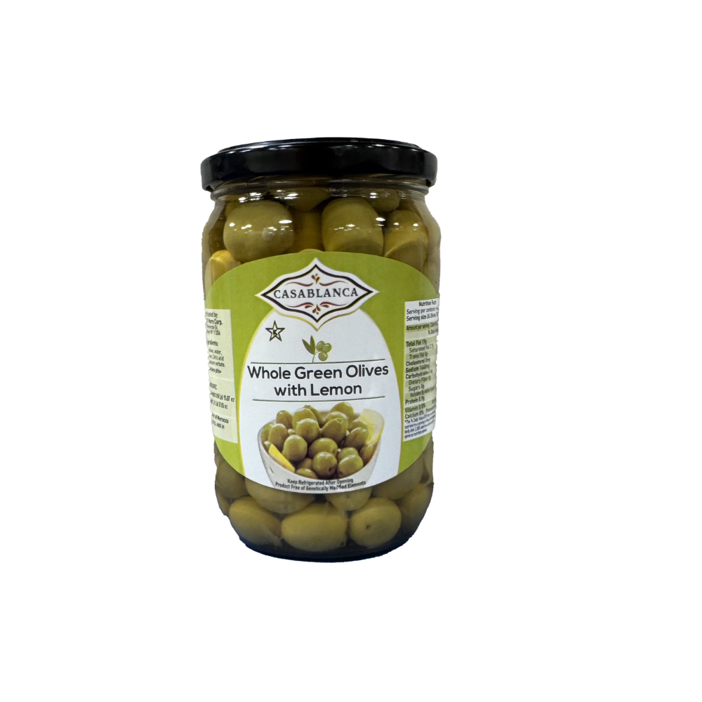 CASABLANCA WHOLE GREEN OLIVES WITH LEMON 36 OZ - Sahara Specialty Foods